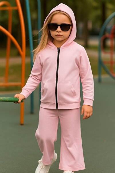 Markasız ucuz Girls' Zipper and Hood Detailled Tracksuit Set