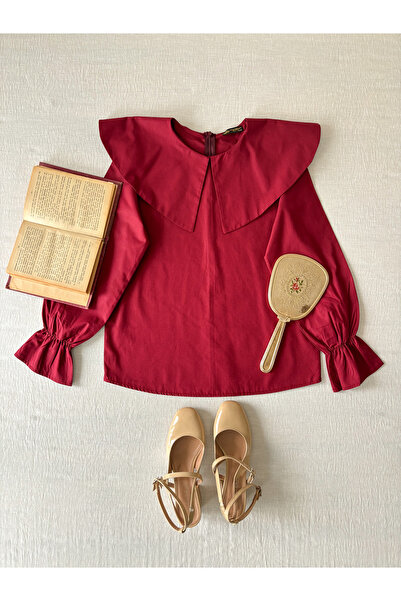 KÜÇÜĞÜM BUTİK Burgundy Big Collar Poplin Blouse
