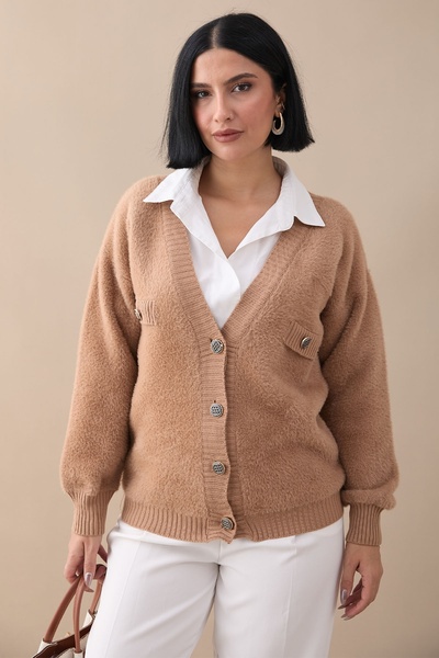 InStyle Camel Knitwear Cardigan - Pocket Detailed and Furry