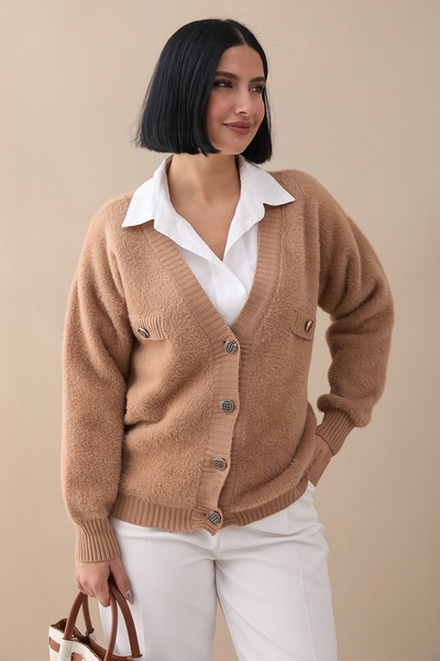 InStyle Camel Knitwear Cardigan - Pocket Detailed and Furry