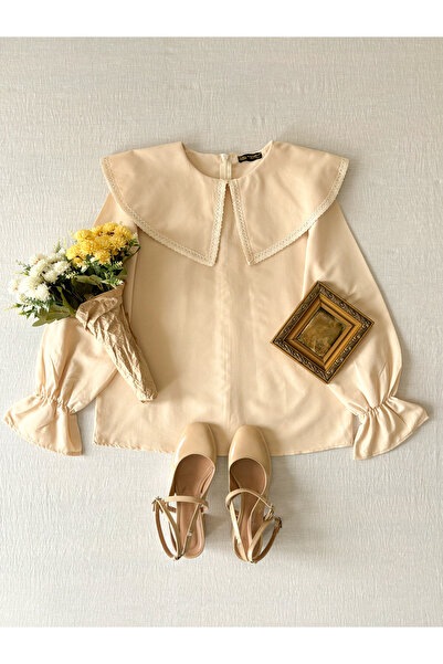 KÜÇÜĞÜM BUTİK Μπλούζα ποπλίνα με μεγάλο γιακά σε κρεμ χρώμα