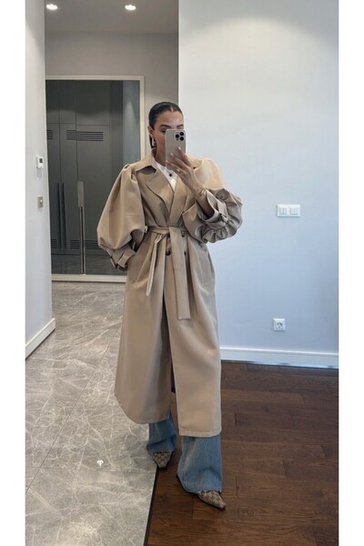 BRTC design Kadın Camel Balonkol Kruvaze Premium Trençkot
