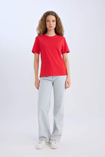 DeFacto Regular Fit Crew Neck Basic Plain Short Sleeve Red T-Shirt D9592Ax25Sm