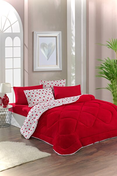 DAMIEN Diamond Çift Kişilik Tropical Uyku Seti -Kırmızı Kalp Desen 6 Parça Uyku Seti V2