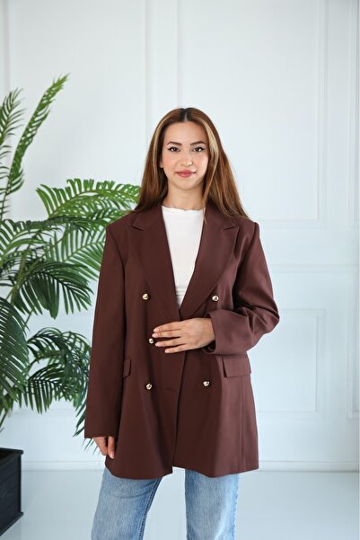 PARKDERİN Plus Size Long, Gold Buttoned, Dark Brown Color, Blazer Jacket
