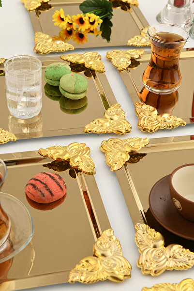 AKSESUAR EVRENİ Pietra Gold 6-Piece Decorative Stainless Steel Special Presentation Tray with 4 Corners and Gold Flower Detail