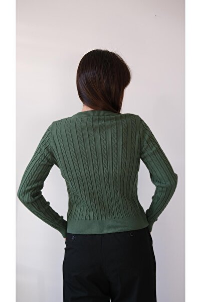 Butik Una Fiaba-Yeşil Düğmeli Saç Örgü Kadın Triko Hırka