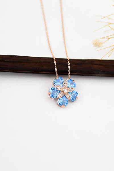 Sinsirella 925 Ayar Gümüş Rose Kaplama Mavi Taşlı Unutma Beni Çiçeği Kadın Kolye