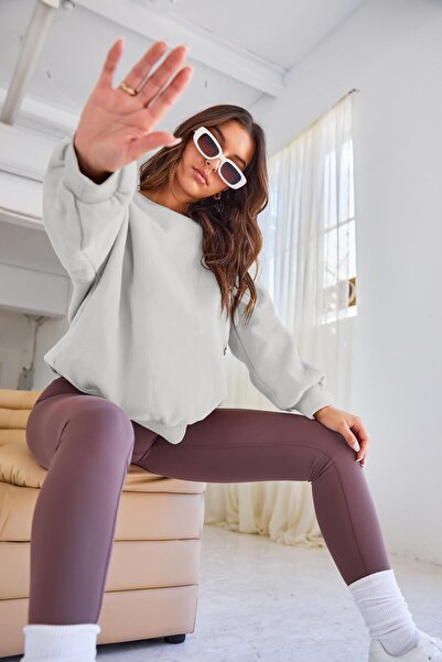 COMBİNE MİCHAİL Γκρι Soft Crew Neck Oversize Φούτερ - Χοντρό ράστερ