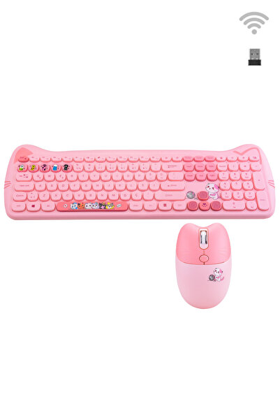 Geezer Kitty Plus Kablosuz Sessiz Klavye Mouse Seti Pembe SMK-672