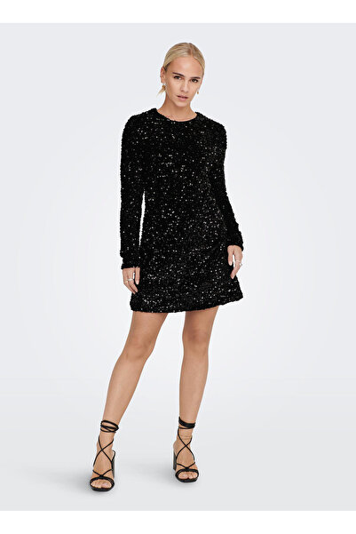ONLY O Yaka Pullu Siyah Standart Kadın Elbise ONLANIKA SEQUIN LS DRESS WVN