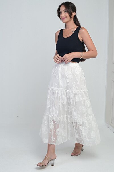 By Saygı Women's Elastic Waist Lined Floral Tulle Skirt