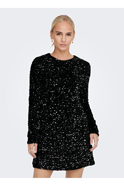 ONLY O Yaka Pullu Siyah Standart Kadın Elbise ONLANIKA SEQUIN LS DRESS WVN
