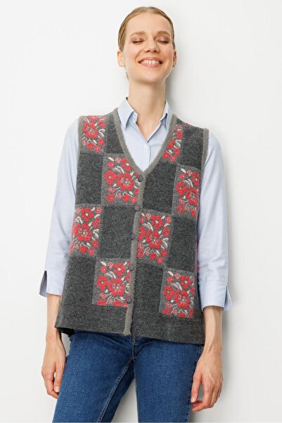 Desen Triko Women's Pıtırcık Floral Patchwork Felt Wool Vest Smoked_Y.S.Pink
