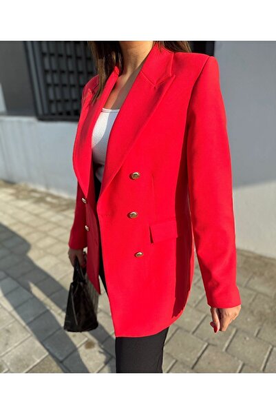 Ashley Large Size Long Gold Buttoned Red Color Blazer Jacket