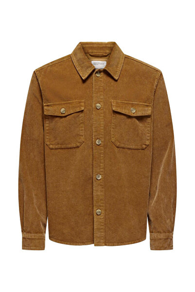 Only & Sons Rahat Kahve Düz Erkek Gömlek ONSMARLON 8W WASH CORD OVERSHIRT