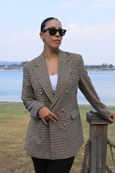 PARKDERİN Μακρύ καρό - Μπλέιζερ με χρυσά κουμπιά Plus Size