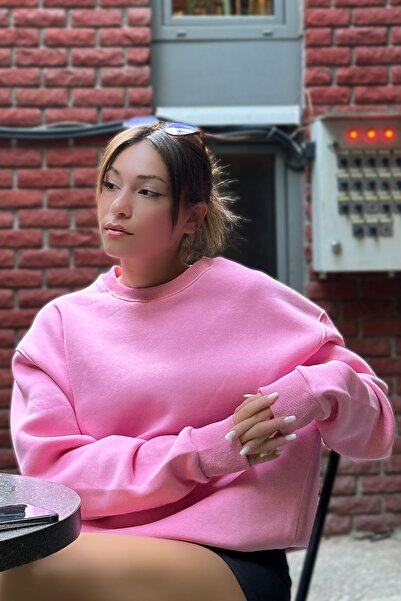 COMBİNE MİCHAİL Kadın Oversize Kalın Şardonlu Yumuşak Bisiklet Yaka Sweatshirt Şeker Pembe
