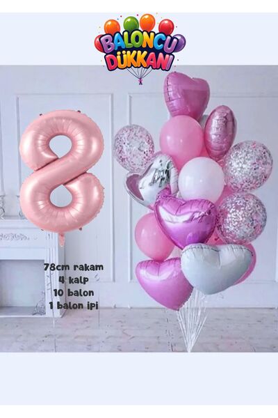 Işıltı Balon Dükkanı Pembe Doğum Günü Balon Seti – Kalpli Pembe Konsept Parti...