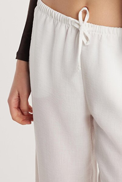 Tudors Women's Regular Fit Tie Waist Linen Palazzo Wide Leg Ecru Trousers