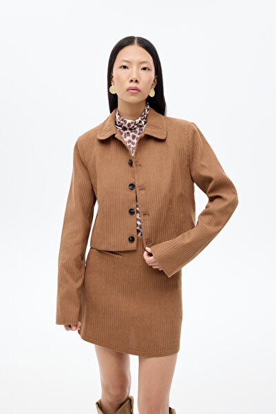 Quzu Vatkalı Gömlek Yaka Kadife Ceket Kahverengi