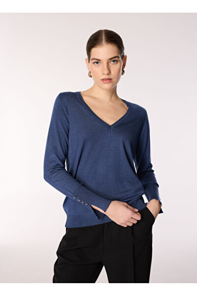 People By Fabrika İndigo Kadın V Yaka Basic Kazak PBF4WL-KZK5014