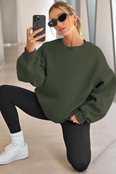 COMBİNE MİCHAİL Kadın Bisiklet Yaka Basic Oversize Sweatshirt KOYU ÇAĞLA