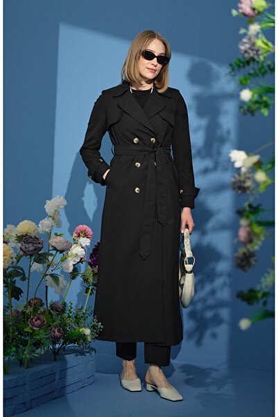 Fatma Atasoy Rüzgarlıklı Maksi Trençkot Siyah