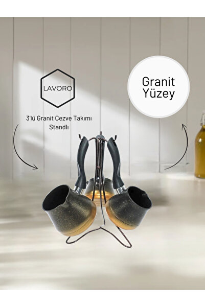 Alyans 3'lü Granit Cezve Seti Standlı