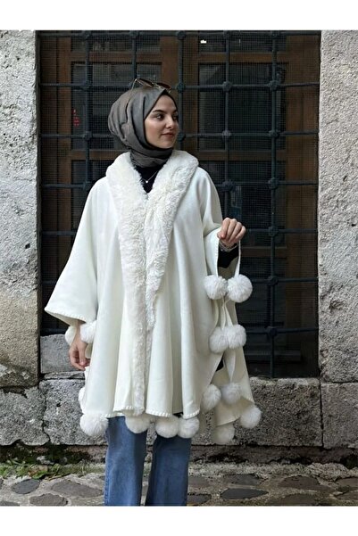 fiore fashion Mother Pompom Fur Knitwear Wool White Winter Thick Poncho Cap