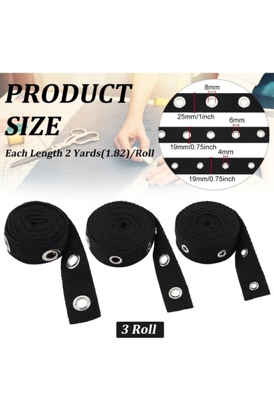 Choice AECH04-01684 6 Yards Black Cotton Grommet Eyelet Twill Tape Trim 3 Siz...