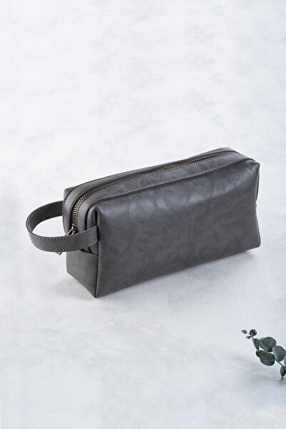 DK LEATHER Erkek Gri Portfoy El Çantası Pu Deri Günlük Seyahat Tıraş Çantası - Fermuarlı Ve Taşıma Saplı
