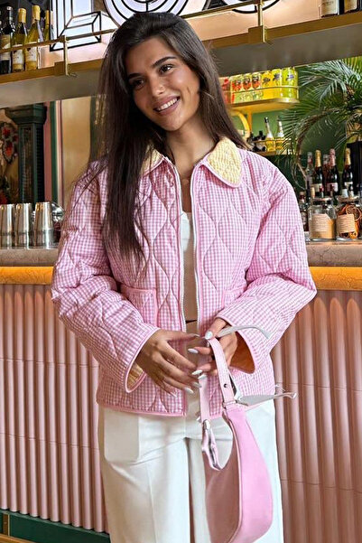Madmext Pink Gingham Women's Coat with Pockets Mg2488
