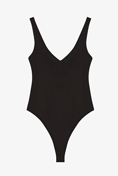 Quzu V Neck Basic Bodysuit Black