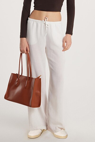 Tudors Women's Regular Fit Tie Waist Linen Palazzo Wide Leg Ecru Trousers