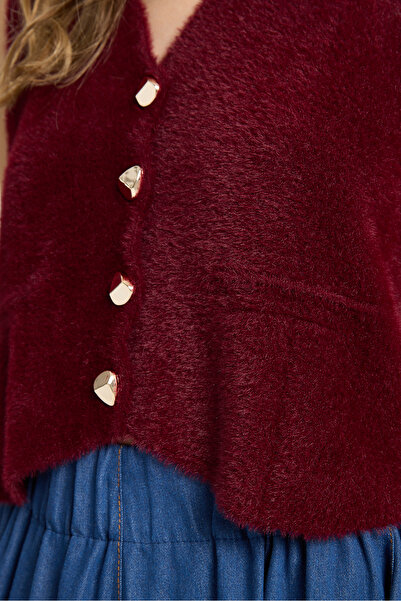 minaaise Women's burgundy knit vest with gold button detail, soft texture 2541