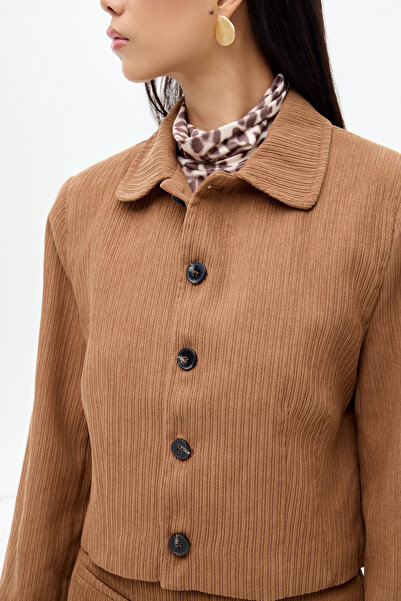 Quzu Vatkalı Gömlek Yaka Kadife Ceket Kahverengi