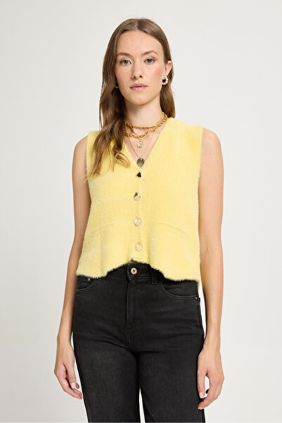 minaaise Women's Yellow Knitwear Vest Gold Button Detailed Soft Textured 2541