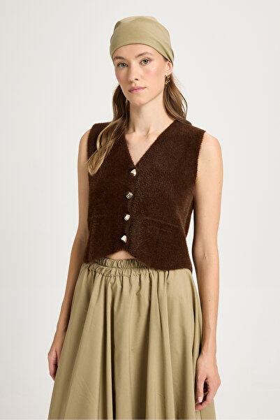 minaaise Vestă de tricotat maro pentru femei, cu detaliu de nasturi aurii, te...