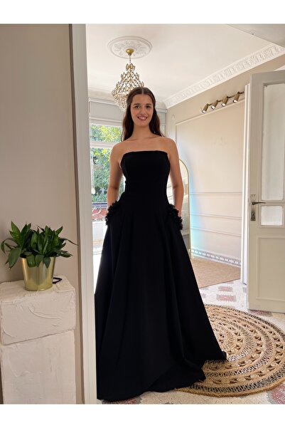 Seri Krep Uzun Kloş Cep Detay Üzeri Çiçek İşlemeli Abiye Elbise