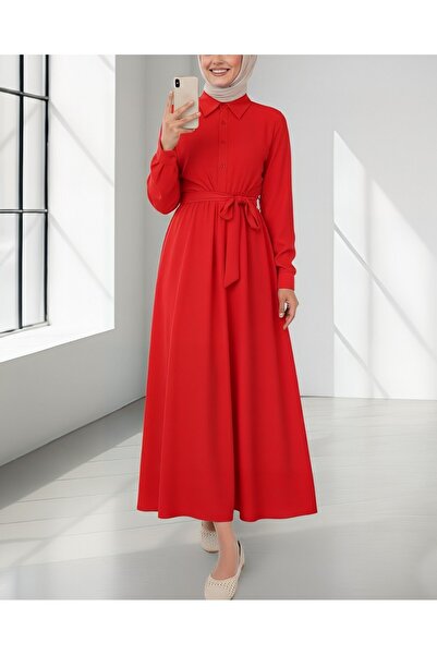 Modamorfo Φόρεμα με μισό κουμπί και σταυρωτό δέσιμο μπροστά - Κόκκινο