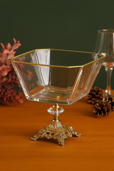 PLT Design Metal Ayaklı Gold Detaylı Cam Büyük Boy Salata - Servis - Sunum Ka...