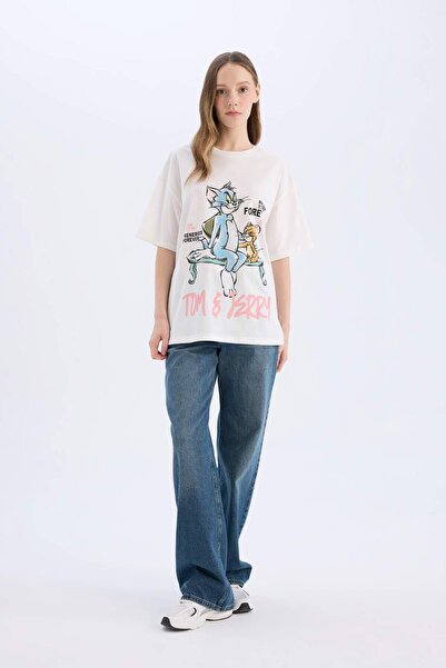 DeFacto Tricou cu imprimeu pe spate Tom & Jerry oversize cu decolteu rotund D9130AX25SM