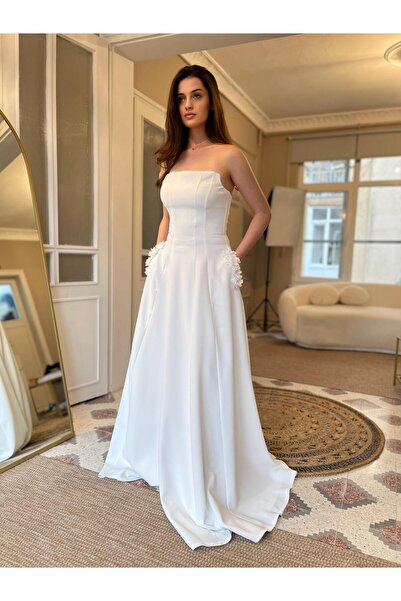 Seri Krep Uzun Kloş Cep Detay Üzeri Çiçek İşlemeli Abiye Elbise