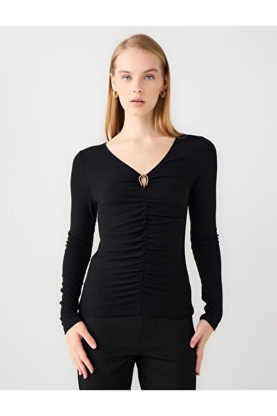 Jimmy Key Black V-Neck Long Sleeve Knitted Blouse with Drawstring Detail