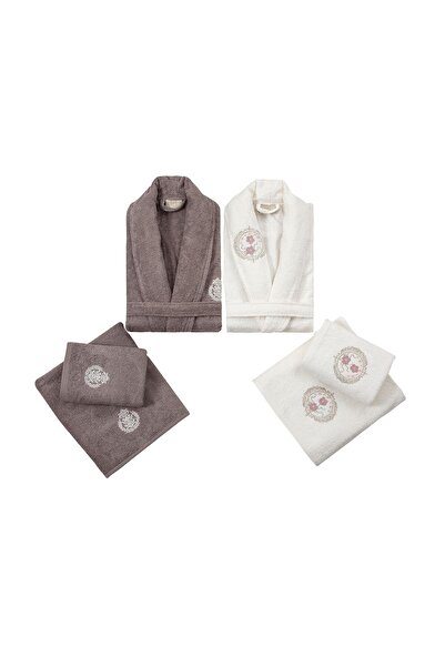 Pupilla Collection 6 Parça Klasik Nakışlı %100 Pamuk Bornoz Seti Ekru-Kahve