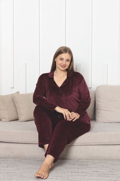 Asel Plus Size Button-Down Velvet Fabric Pajama Set