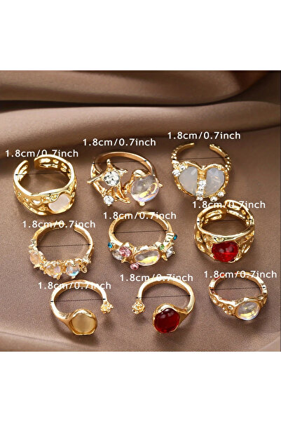 Zümrüt Toy 9 Pieces Crystal Stone Stylish Design Vintage Adjustable Gold Ring Set