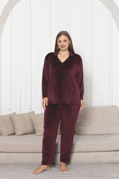 Asel Plus Size Button-Down Velvet Fabric Pajama Set