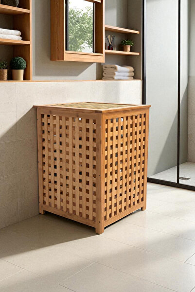 Digithome Bambu Çamaşır Sepeti 62x45 cm Kulplu Taşınabilir Bezli DB-0041
